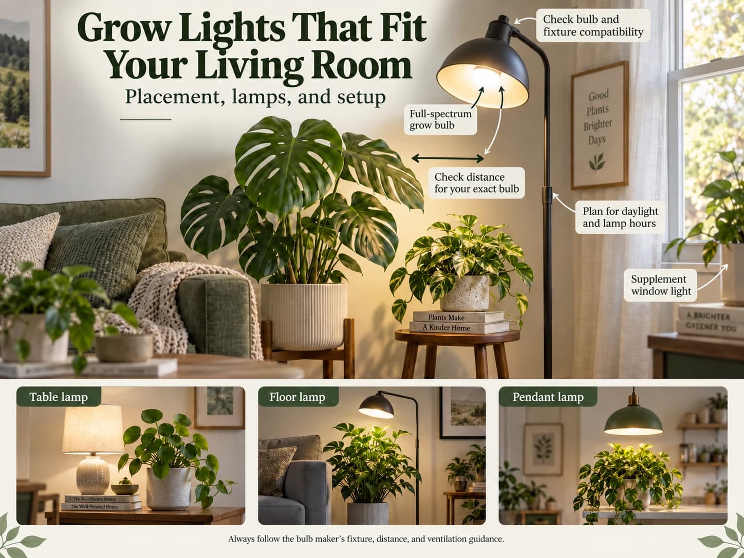 Illustrated living-room grow-light setups with reminders to check fixture compatibility, model-specific distance, and daylight contribution.