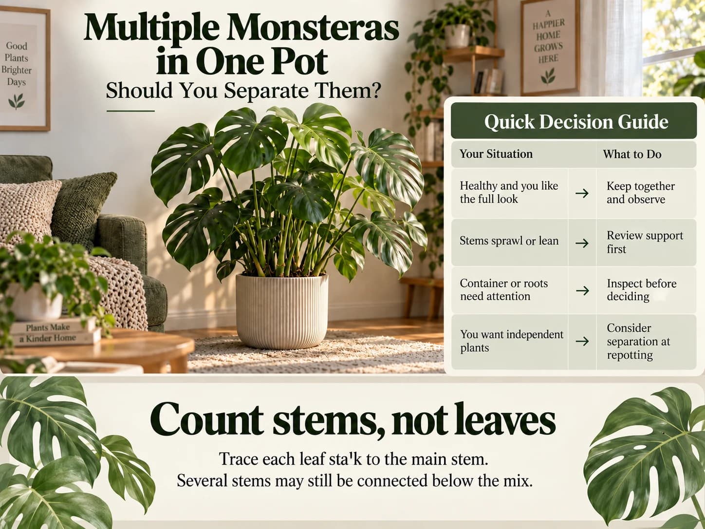 Illustrated Monstera decision guide covering support, root inspection, and keeping plants together or considering separation.