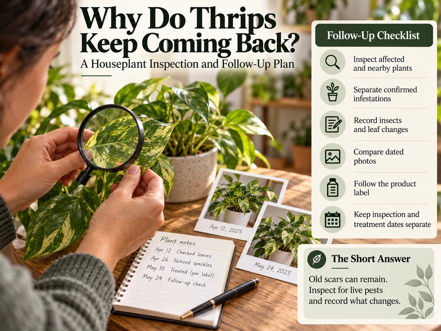 Illustration of a houseplant inspection with a magnifier, dated photos, and a checklist separating inspection from label-directed treatment.