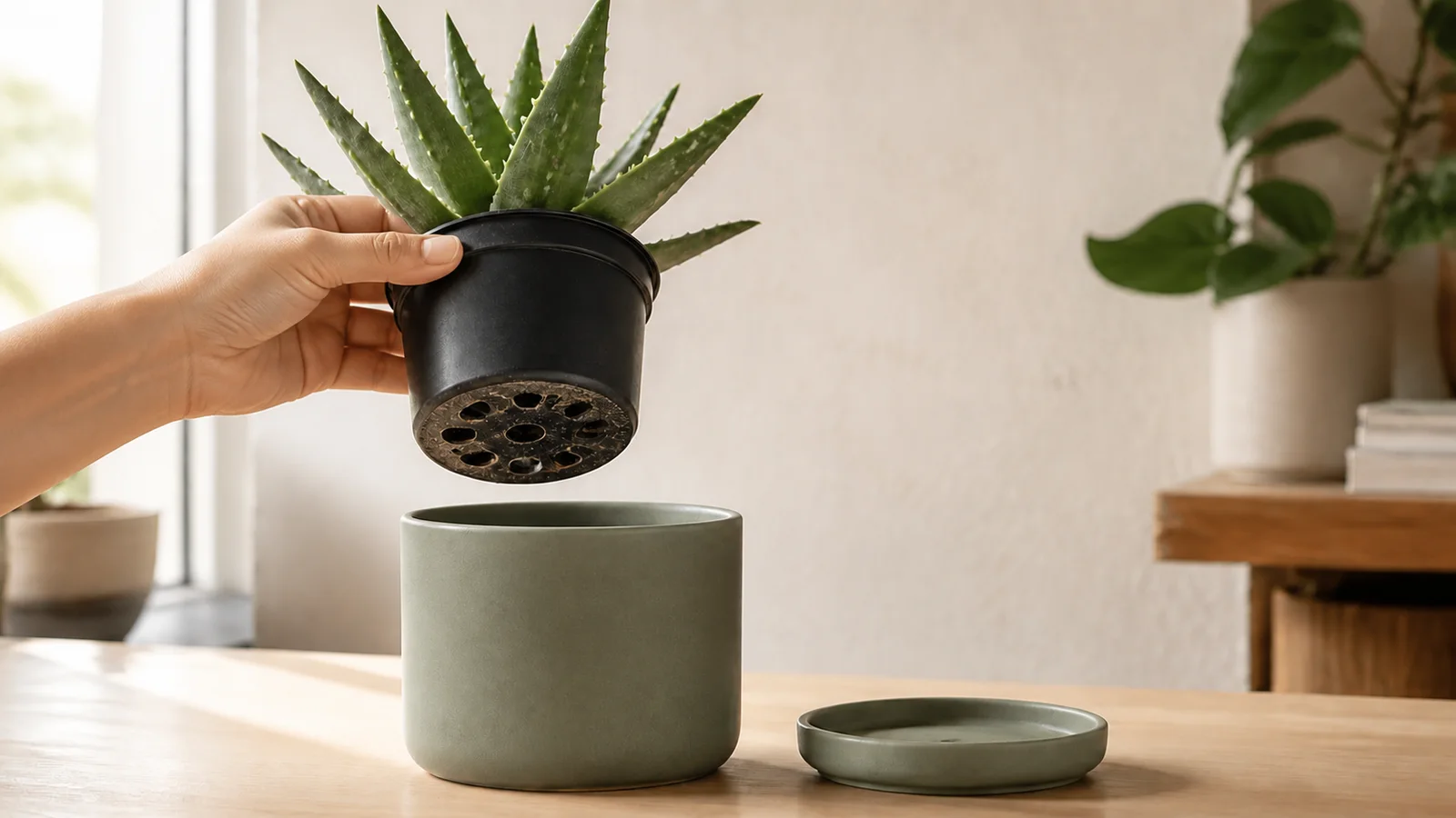 A hand lifting a draining nursery pot above a sage green decorative cachepot
