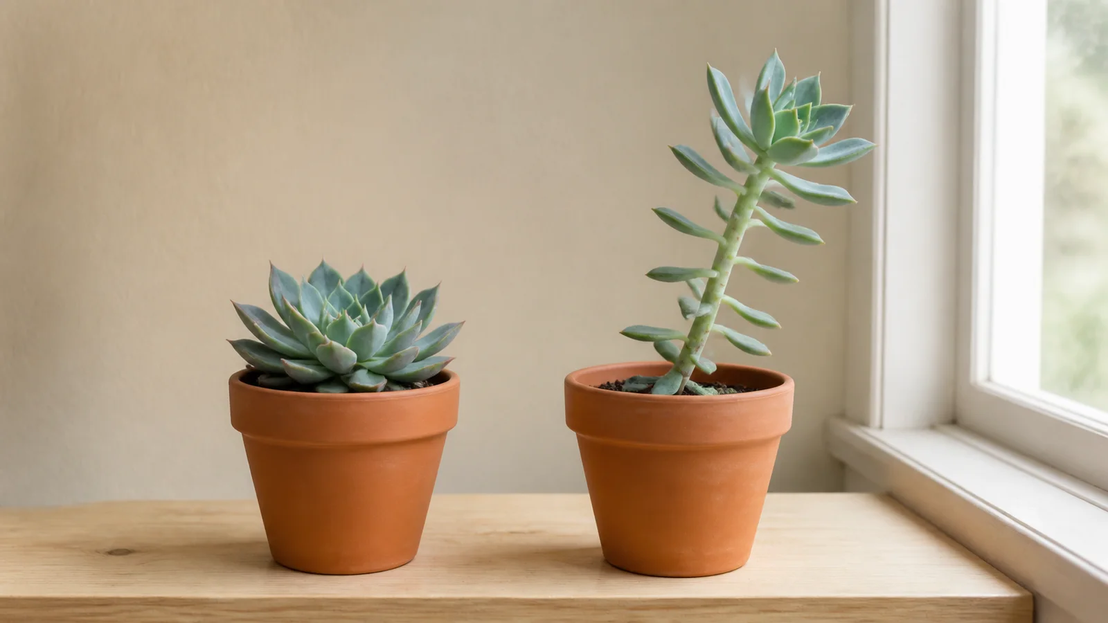 A compact succulent beside a leggy, stretched succulent near a bright window