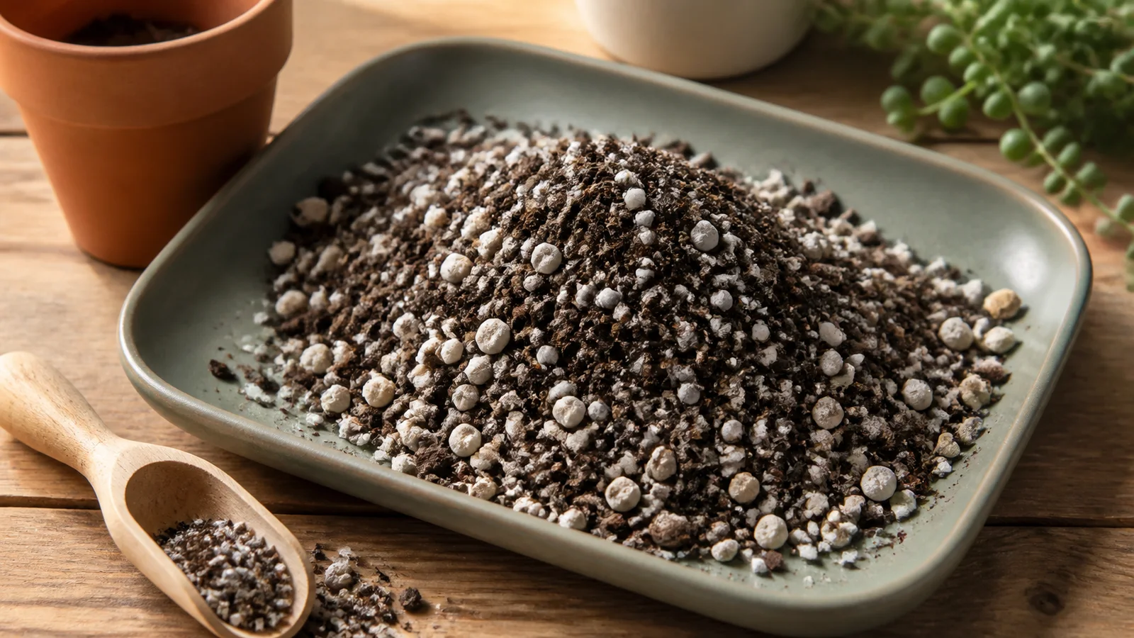 A gritty succulent soil mix with potting soil, perlite, pumice, and mineral grit